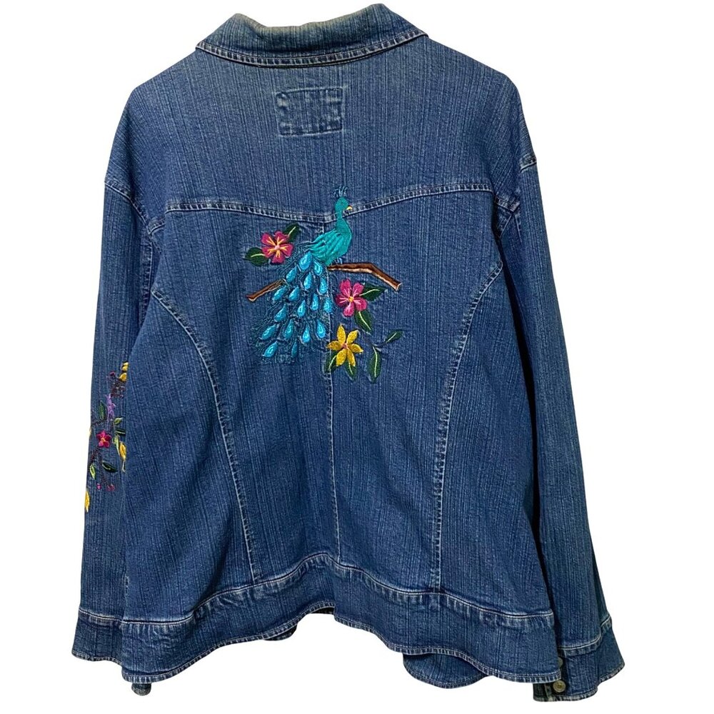 Vintage Boho Jean Jacket‎ Womens 3X Blue Embroidered Peacock Tropical Stone Wash